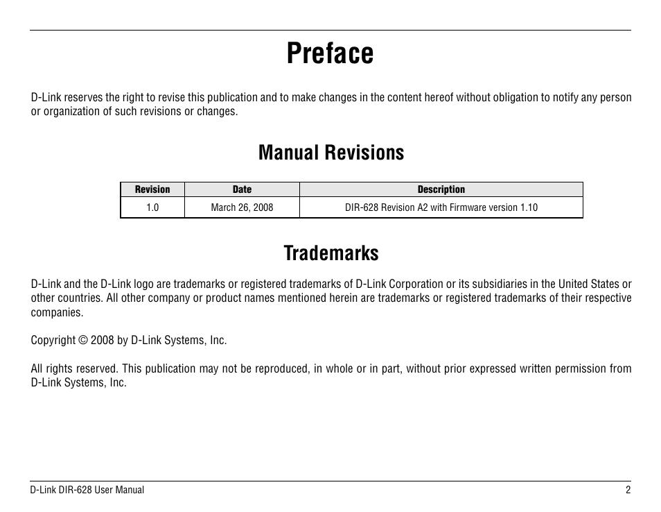 Preface, Manual revisions trademarks | D-Link DIR-68 User Manual | Page 2 / 98