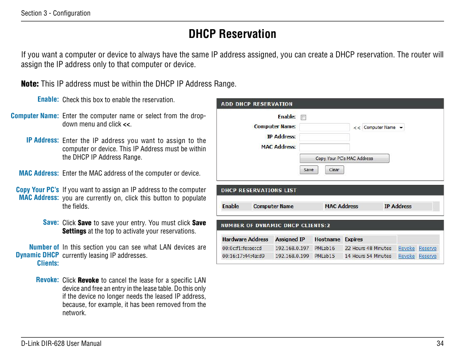 Dhcp reservation | D-Link DIR-68 User Manual | Page 34 / 98