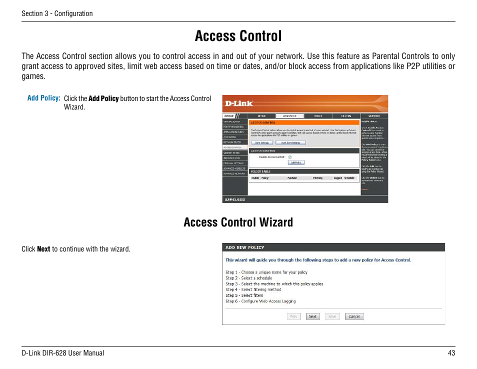 Access control, Access control wizard | D-Link DIR-68 User Manual | Page 43 / 98