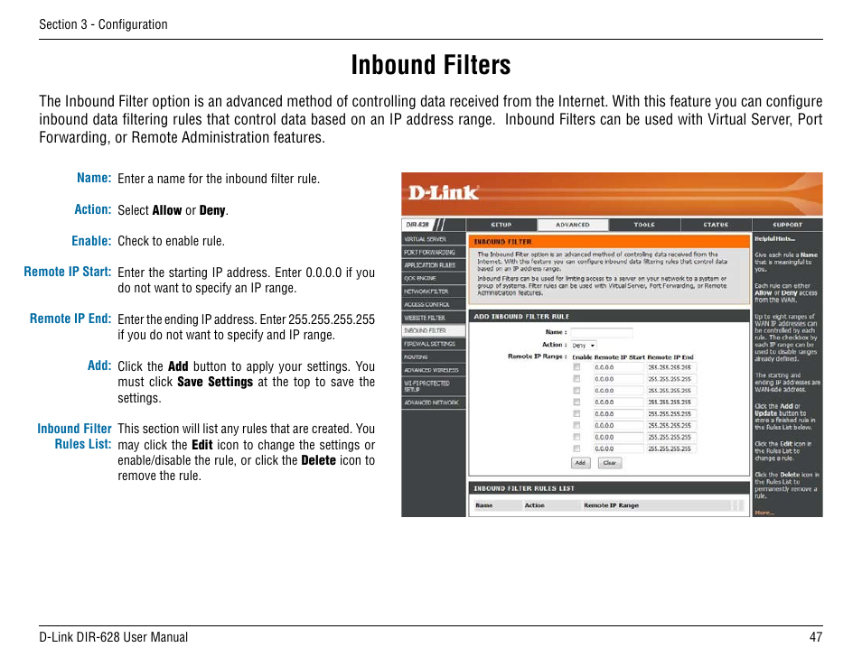 Inbound filters | D-Link DIR-68 User Manual | Page 47 / 98