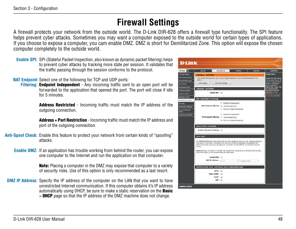 Firewall settings | D-Link DIR-68 User Manual | Page 48 / 98
