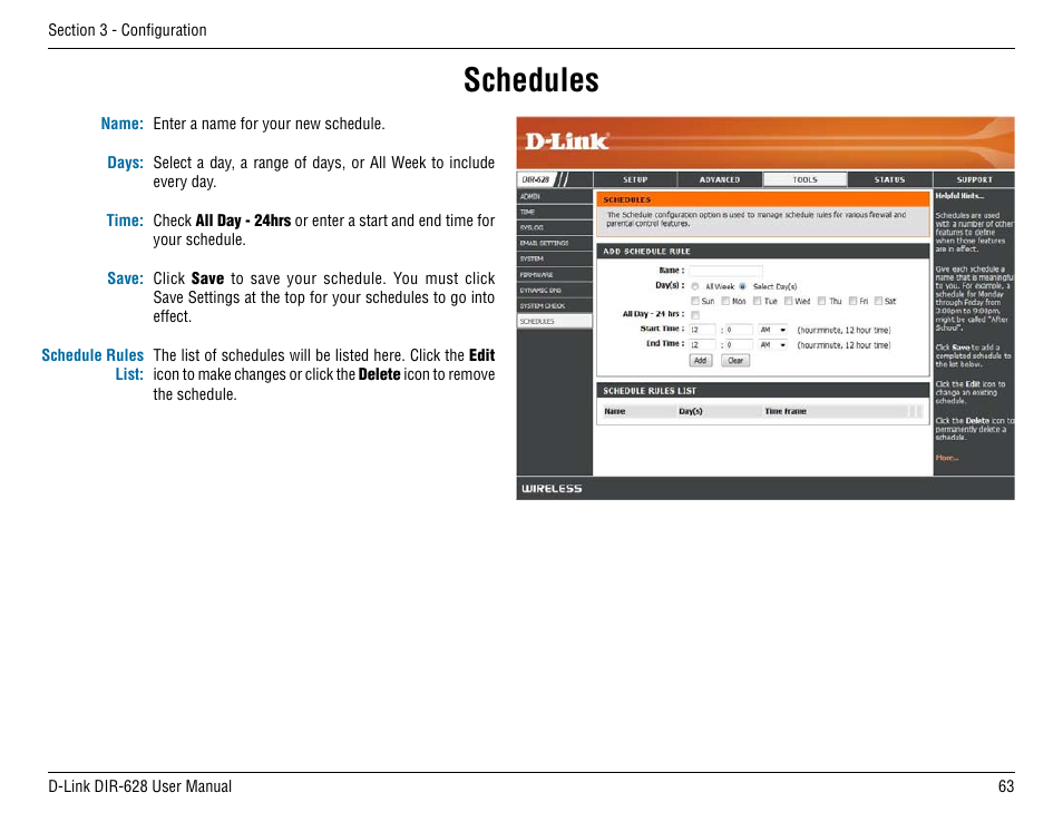 Schedules | D-Link DIR-68 User Manual | Page 63 / 98