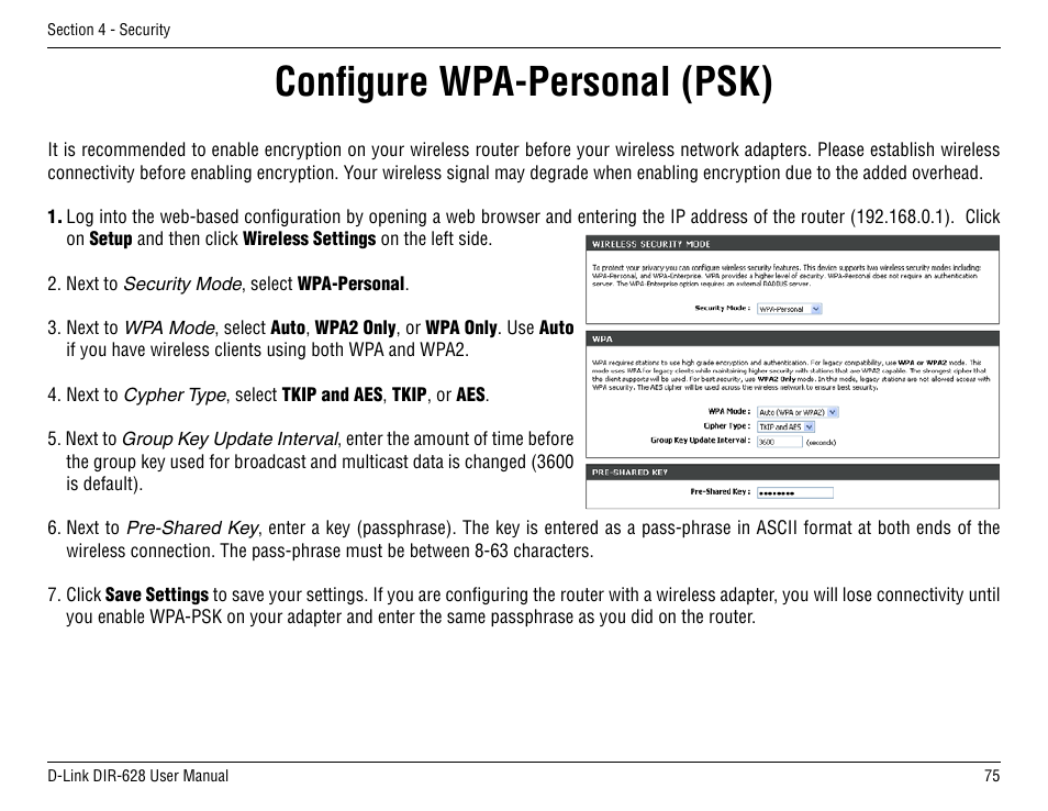 Configure wpa-personal (psk) | D-Link DIR-68 User Manual | Page 75 / 98