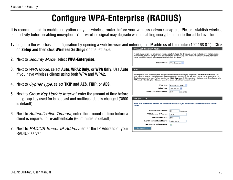 Configure wpa-enterprise (radius) | D-Link DIR-68 User Manual | Page 76 / 98