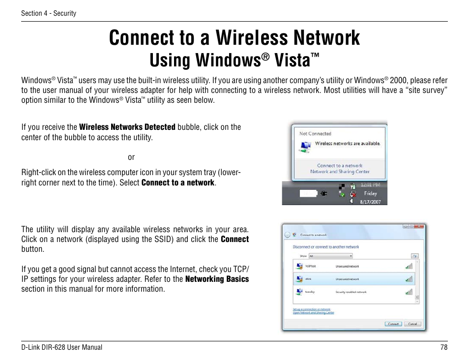 Connect to a wireless network, Using windows, Vista | D-Link DIR-68 User Manual | Page 78 / 98