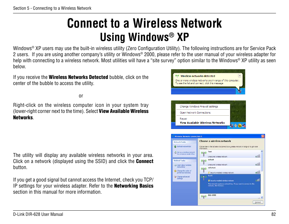 Connect to a wireless network, Using windows | D-Link DIR-68 User Manual | Page 82 / 98