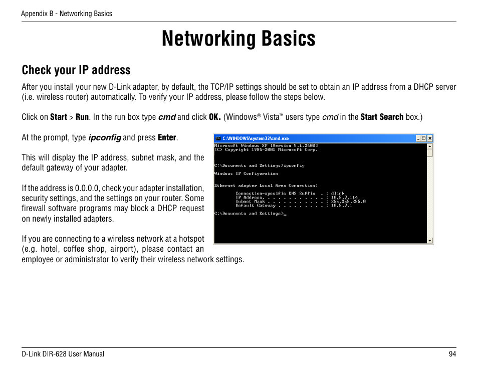 Networking basics, Check your ip address | D-Link DIR-68 User Manual | Page 94 / 98