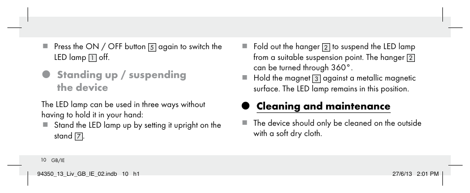 Standing up / suspending the device, Cleaning and maintenance | Livarno Z31768 User Manual | Page 10 / 13