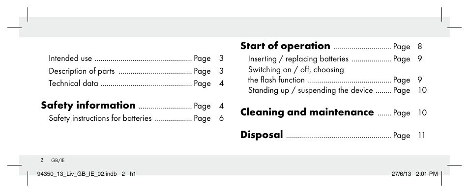 Safety information, Start of operation, Cleaning and maintenance | Disposal | Livarno Z31768 User Manual | Page 2 / 13