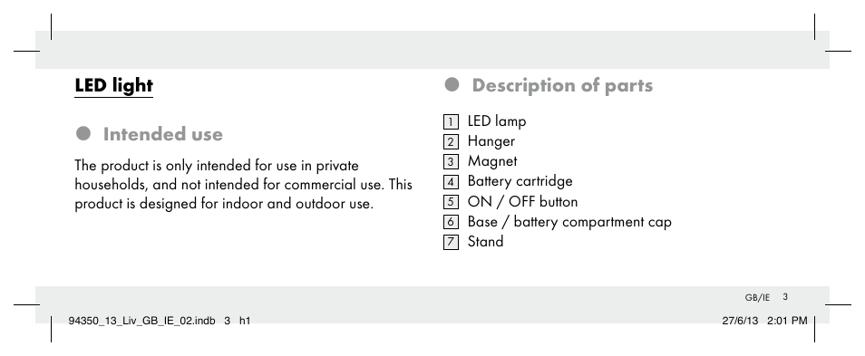 Description of parts, Led light  intended use | Livarno Z31768 User Manual | Page 3 / 13