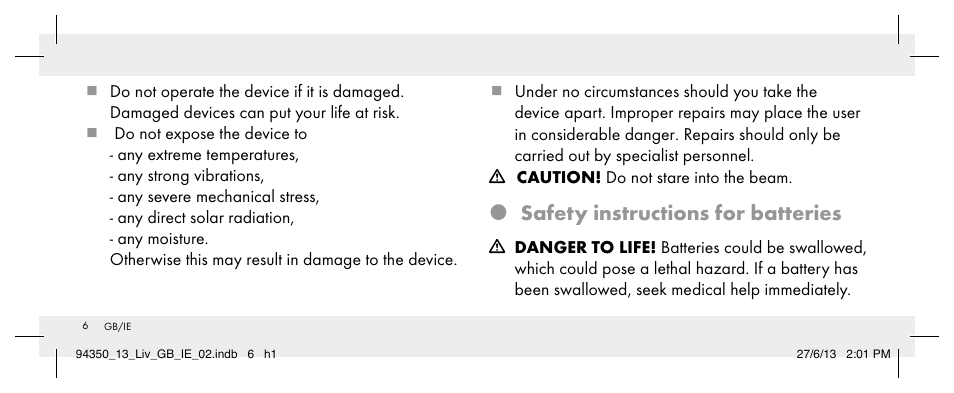 Safety instructions for batteries | Livarno Z31768 User Manual | Page 6 / 13