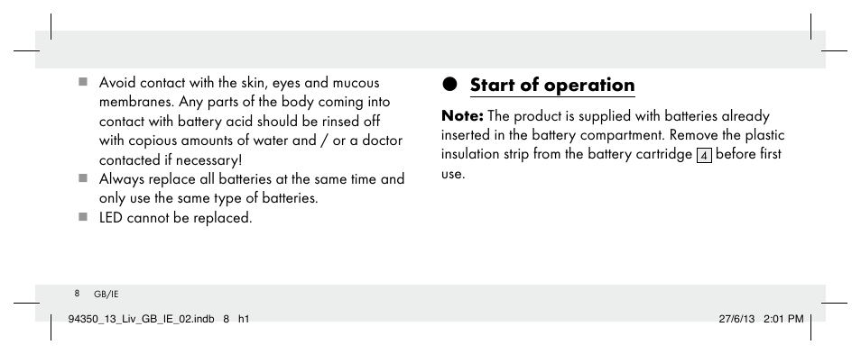 Start of operation | Livarno Z31768 User Manual | Page 8 / 13