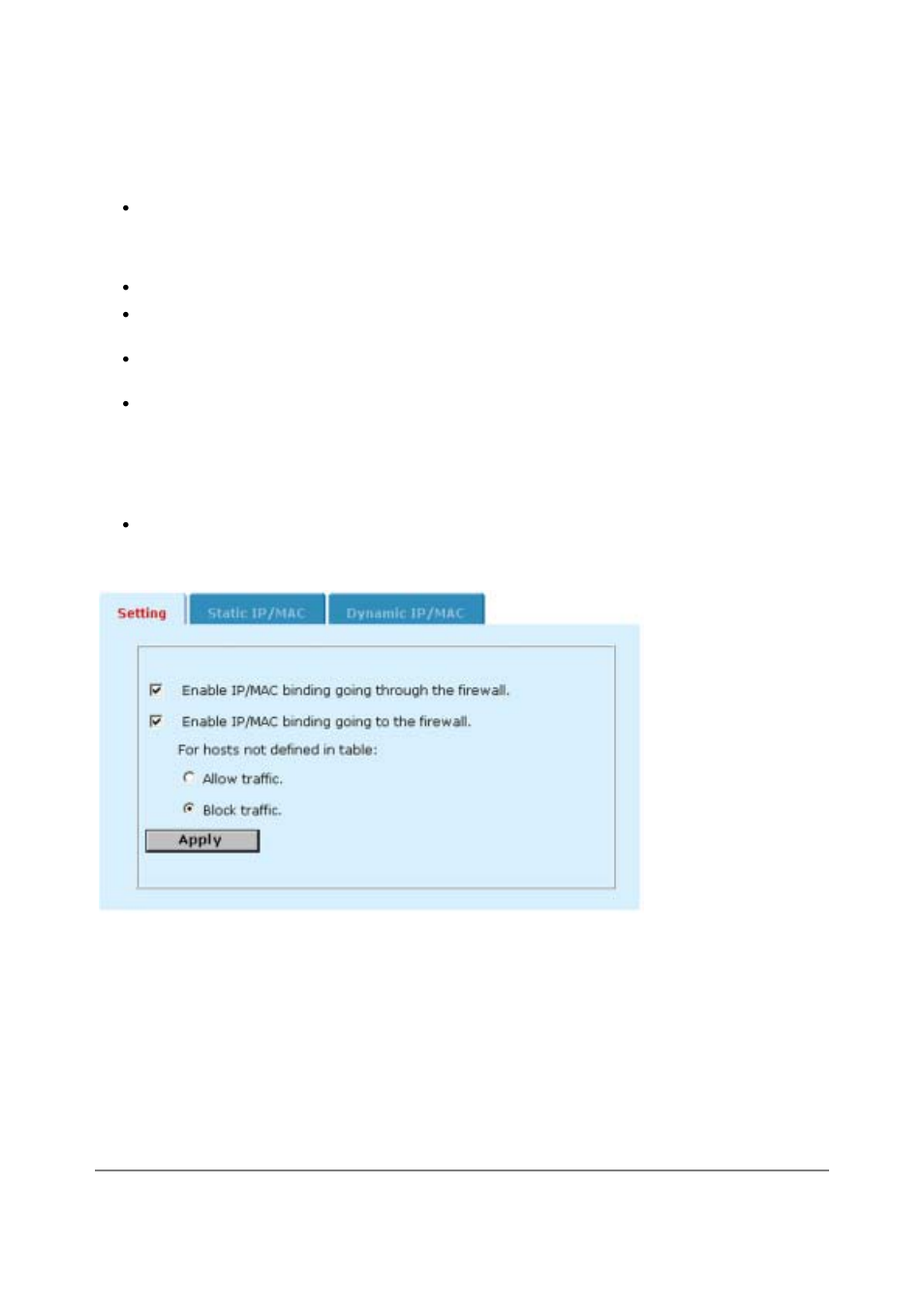 Viewing the dynamic ip/mac list, Enabling ip/mac binding | D-Link DFL-500 User Manual | Page 42 / 122