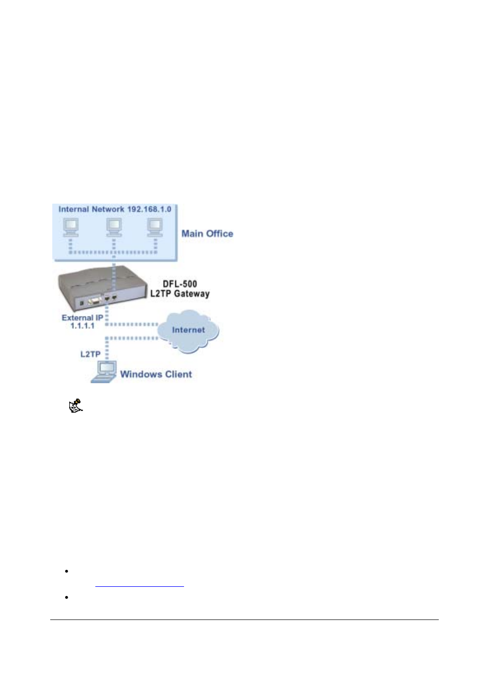 L2tp vpn configuration, Configuring the dfl-500 npg as an l2tp gateway | D-Link DFL-500 User Manual | Page 69 / 122