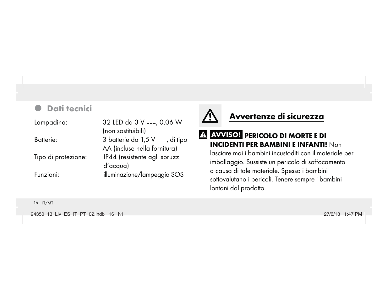 Z dati tecnici, Avvertenze di sicurezza | Livarno Z31768 User Manual | Page 16 / 58