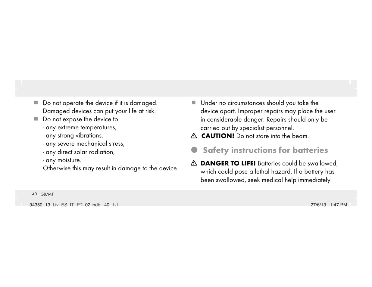 Z safety instructions for batteries | Livarno Z31768 User Manual | Page 40 / 58