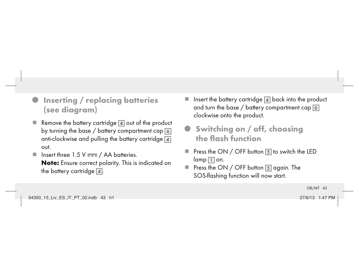 Z inserting / replacing batteries (see diagram), Z switching on / off, choosing the ﬂash function | Livarno Z31768 User Manual | Page 43 / 58