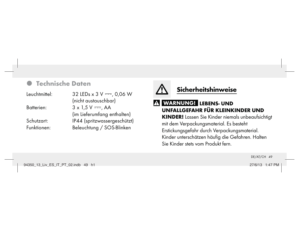 Z technische daten, Sicherheitshinweise | Livarno Z31768 User Manual | Page 49 / 58