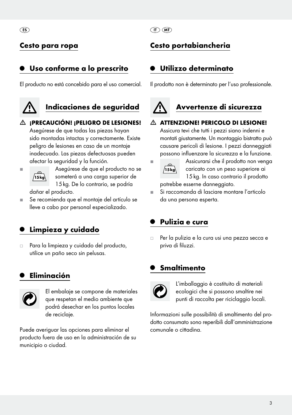 Cesto para ropa, Uso conforme a lo prescrito, Indicaciones de seguridad | Limpieza y cuidado, Eliminación, Cesto portabiancheria, Utilizzo determinato, Avvertenze di sicurezza, Pulizia e cura, Smaltimento | Livarno Z30337 User Manual | Page 3 / 10