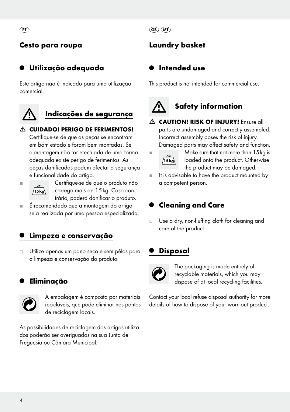 Cesto para roupa, Utilização adequada, Indicações de segurança | Limpeza e conservação, Eliminação, Laundry basket, Intended use, Safety information, Cleaning and care, Disposal | Livarno Z30337 User Manual | Page 4 / 10