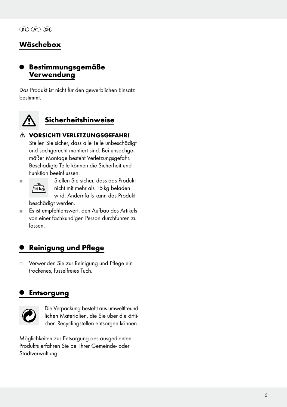 Wäschebox, Bestimmungsgemäße verwendung, Sicherheitshinweise | Reinigung und pflege, Entsorgung | Livarno Z30337 User Manual | Page 5 / 10