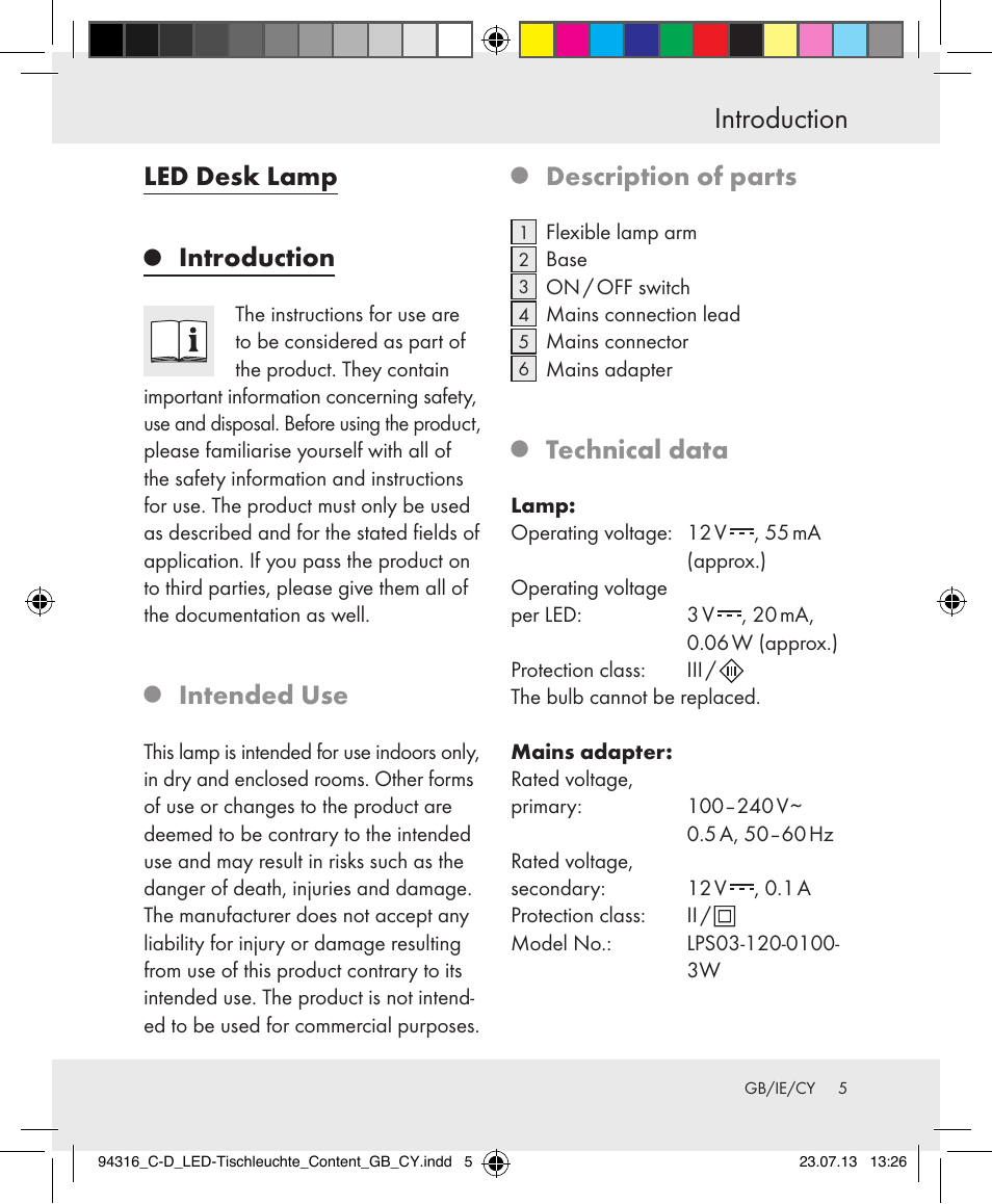 Introduction, Led desk lamp, Intended use | Description of parts, Technical data | Livarno Z31303C-BS/Z31303D-BS User Manual | Page 5 / 15