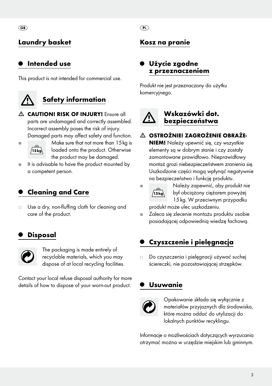 Laundry basket, Intended use, Safety information | Cleaning and care, Disposal, Kosz na pranie, Użycie zgodne z przeznaczeniem, Wskazówki dot. bezpieczeństwa, Czyszczenie i pielęgnacja, Usuwanie | Livarno Z30337 User Manual | Page 3 / 12