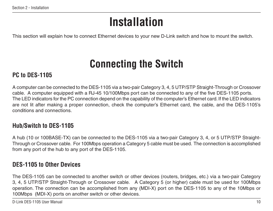 Installation, Connecting the switch | D-Link DES-1105 User Manual | Page 10 / 24