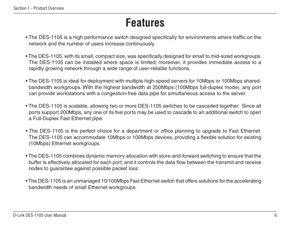 Features | D-Link DES-1105 User Manual | Page 6 / 24