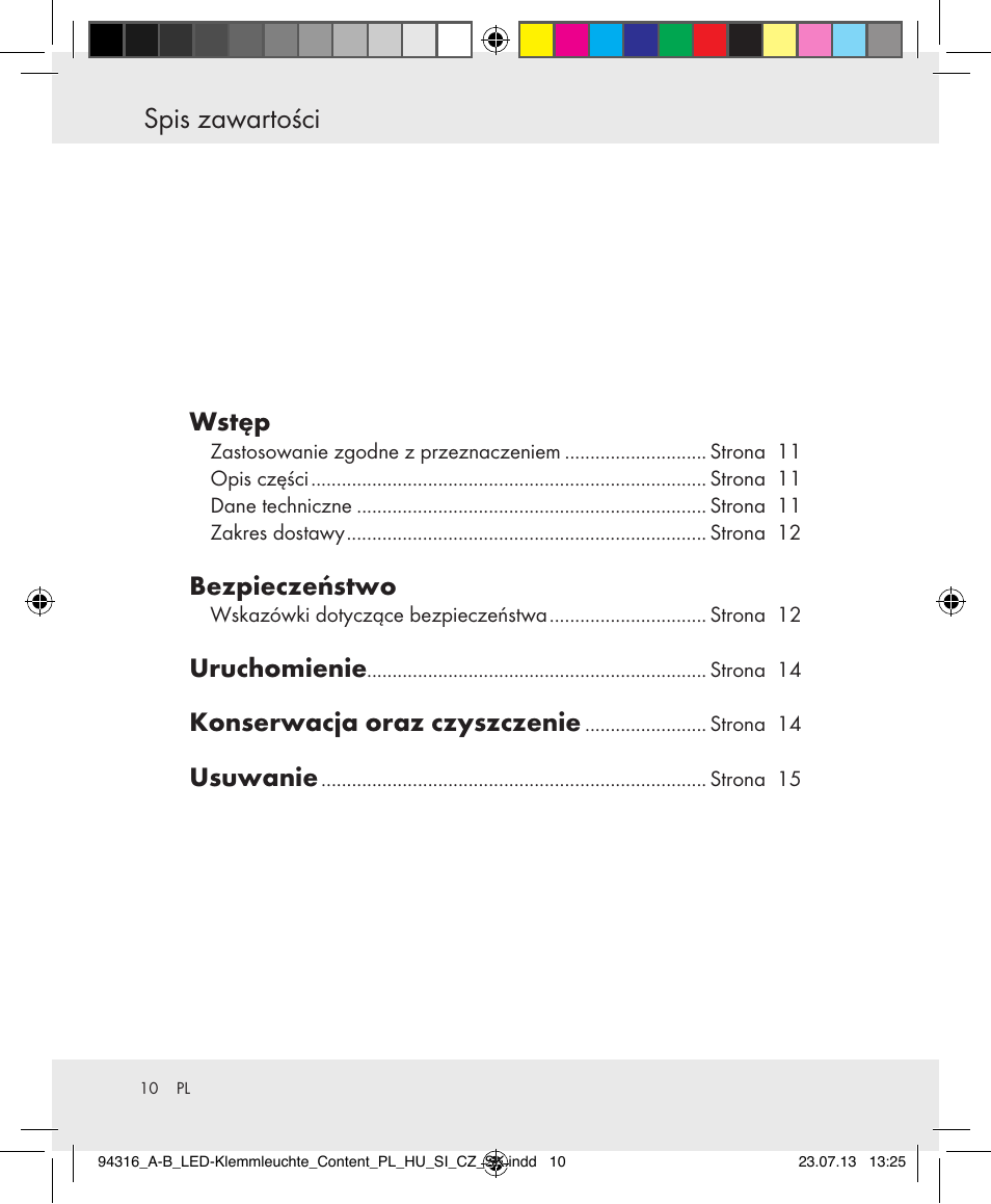 Spis zawartości, Wstęp, Bezpieczeństwo | Uruchomienie, Konserwacja oraz czyszczenie, Usuwanie | Livarno Z31303A-BS/Z31303B-BS User Manual | Page 10 / 47