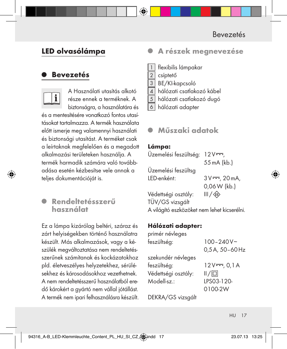 Bevezetés, Led olvasólámpa, Rendeltetésszerű használat | A részek megnevezése, Műszaki adatok | Livarno Z31303A-BS/Z31303B-BS User Manual | Page 17 / 47