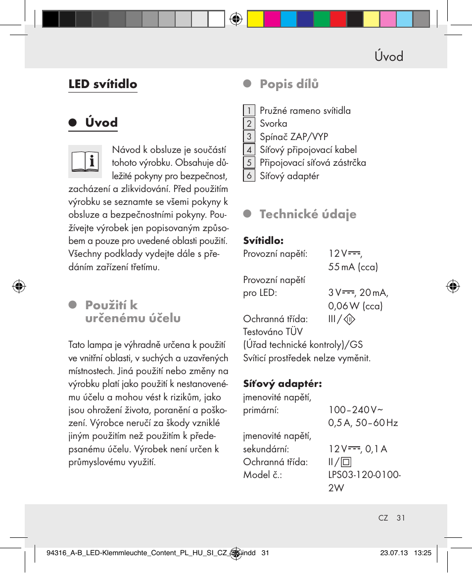 Úvod, Led svítidlo, Použití k určenému účelu | Popis dílů, Technické údaje | Livarno Z31303A-BS/Z31303B-BS User Manual | Page 31 / 47