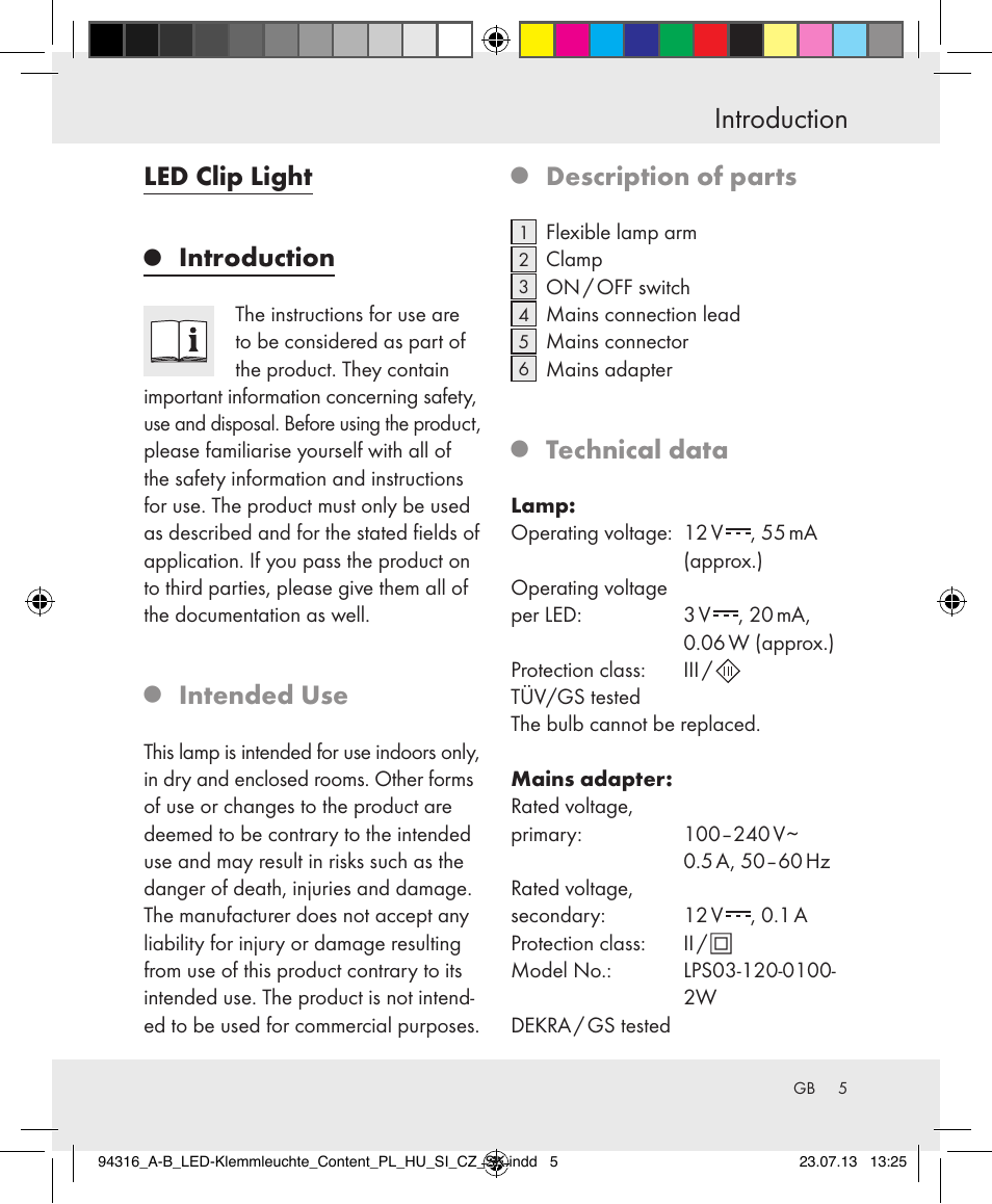 Introduction, Led clip light, Intended use | Description of parts, Technical data | Livarno Z31303A-BS/Z31303B-BS User Manual | Page 5 / 47