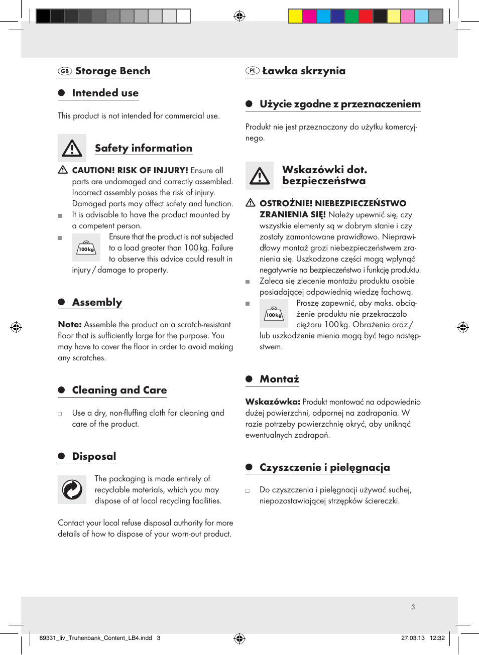 Storage bench intended use, Safety information, Assembly | Cleaning and care, Disposal, Ławka skrzynia użycie zgodne z przeznaczeniem, Wskazówki dot. bezpieczeństwa, Montaż, Czyszczenie i pielęgnacja | Livarno Z29970 User Manual | Page 3 / 12
