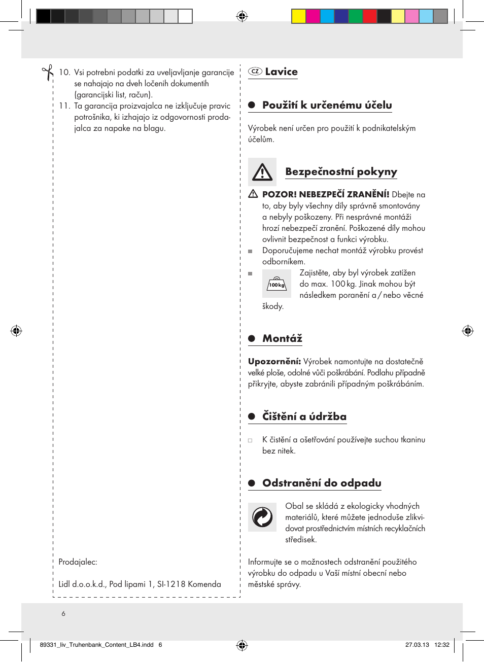 Lavice použití k určenému účelu, Bezpečnostní pokyny, Montáž | Čištění a údržba, Odstranění do odpadu | Livarno Z29970 User Manual | Page 6 / 12