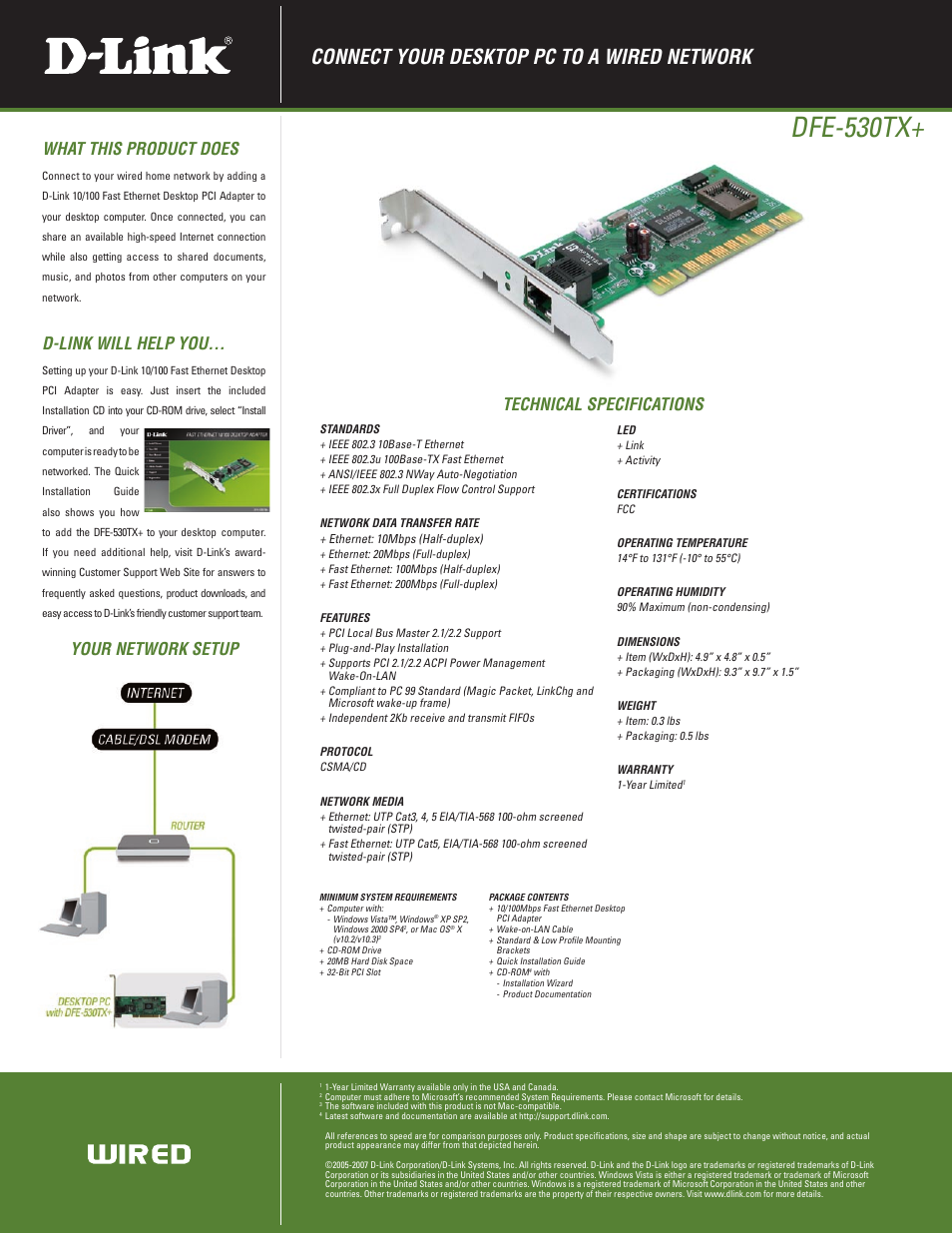 Dfe-530tx, Connect your desktop pc to a wired network, What this product does | D-link will help you, Technical specifications, Your network setup | D-Link DFE-530TX+ User Manual | Page 2 / 2