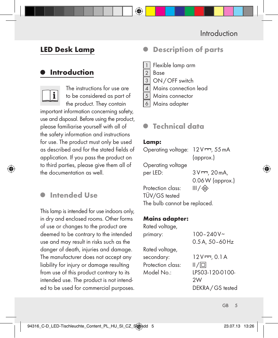 Introduction, Led desk lamp, Intended use | Description of parts, Technical data | Livarno Z31303C-BS/Z31303D-BS User Manual | Page 5 / 43
