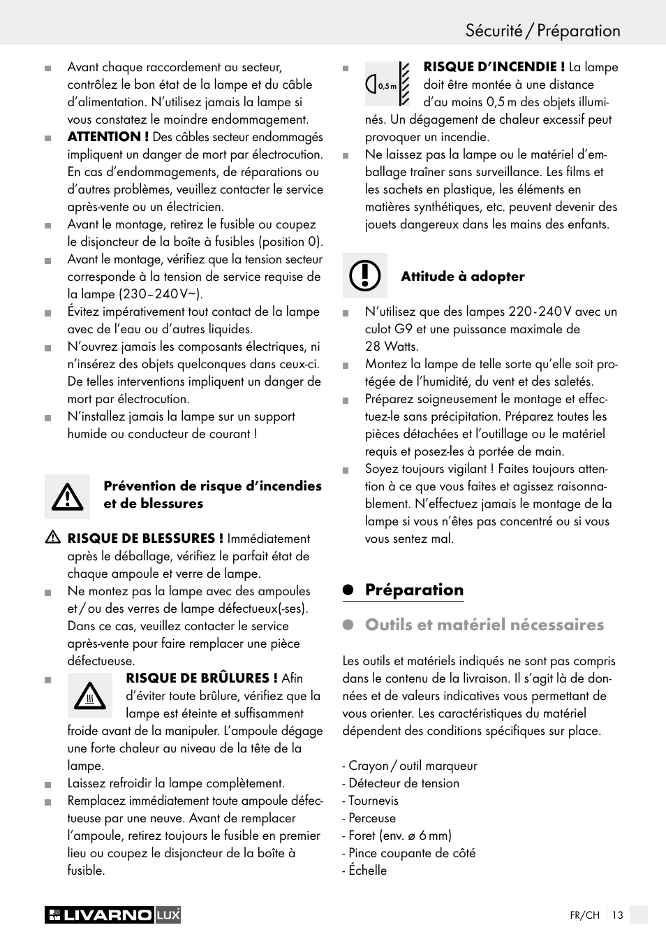 Sécurité / préparation, Préparation outils et matériel nécessaires | Livarno HALOGEN CEILING LIGHT User Manual | Page 13 / 38