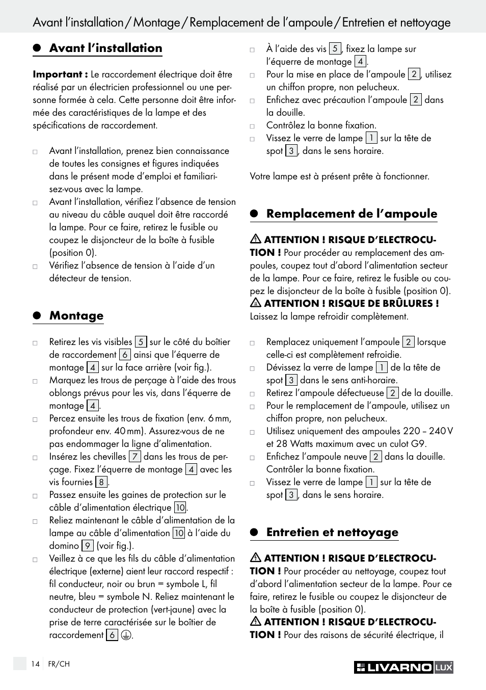 Avant l’installation, Montage, Remplacement de l’ampoule | Entretien et nettoyage | Livarno HALOGEN CEILING LIGHT User Manual | Page 14 / 38