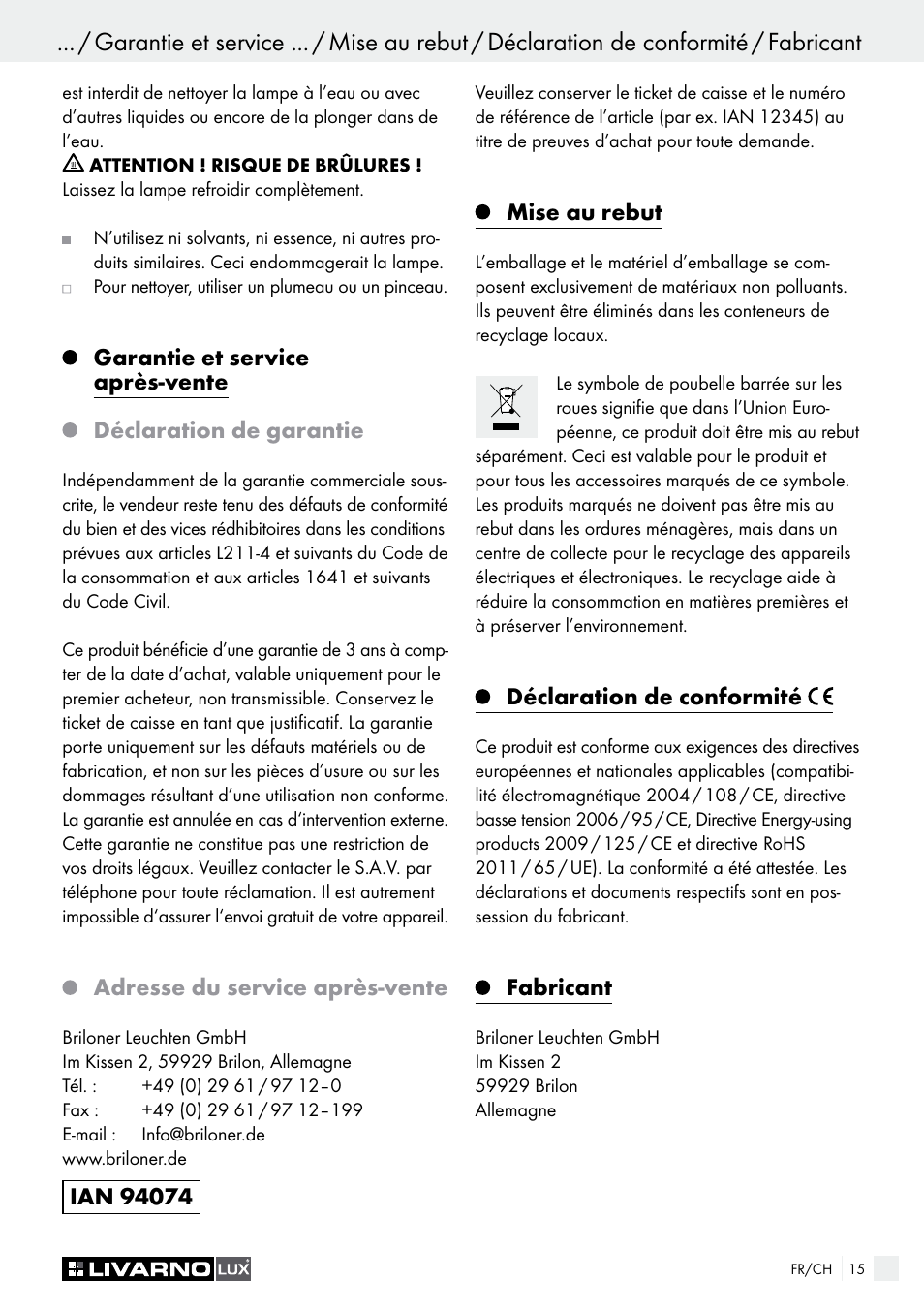 Adresse du service après-vente, Mise au rebut, Déclaration de conformité | Fabricant | Livarno HALOGEN CEILING LIGHT User Manual | Page 15 / 38