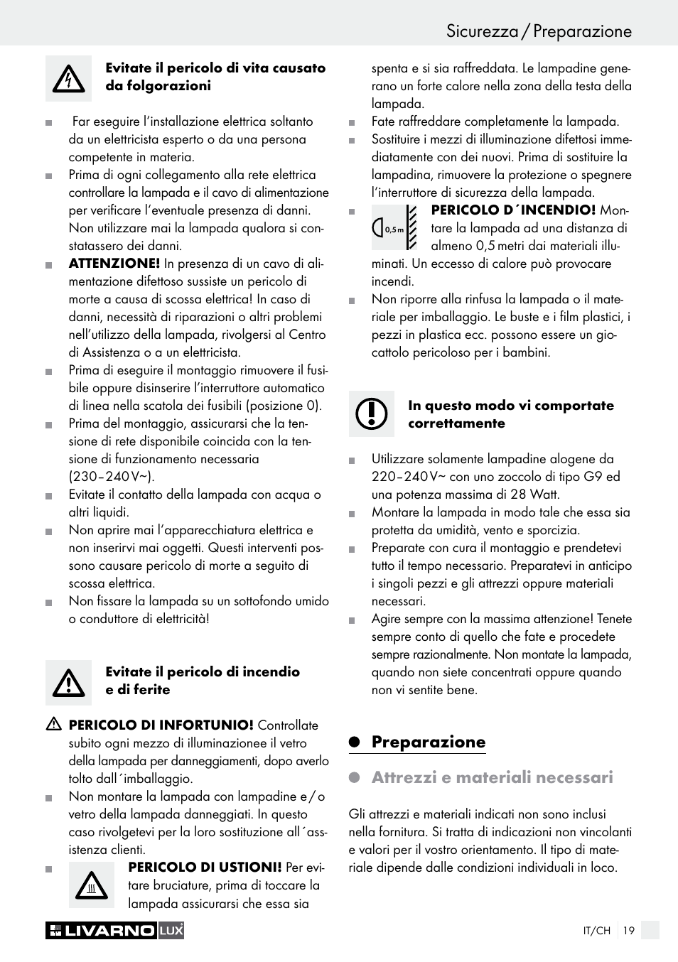 Sicurezza / preparazione, Preparazione attrezzi e materiali necessari | Livarno HALOGEN CEILING LIGHT User Manual | Page 19 / 38