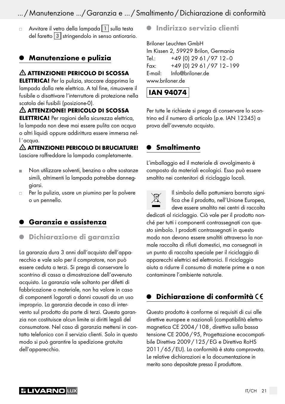 Manutenzione e pulizia, Garanzia e assistenza dichiarazione di garanzia, Indirizzo servizio clienti | Smaltimento, Dichiarazione di conformità | Livarno HALOGEN CEILING LIGHT User Manual | Page 21 / 38