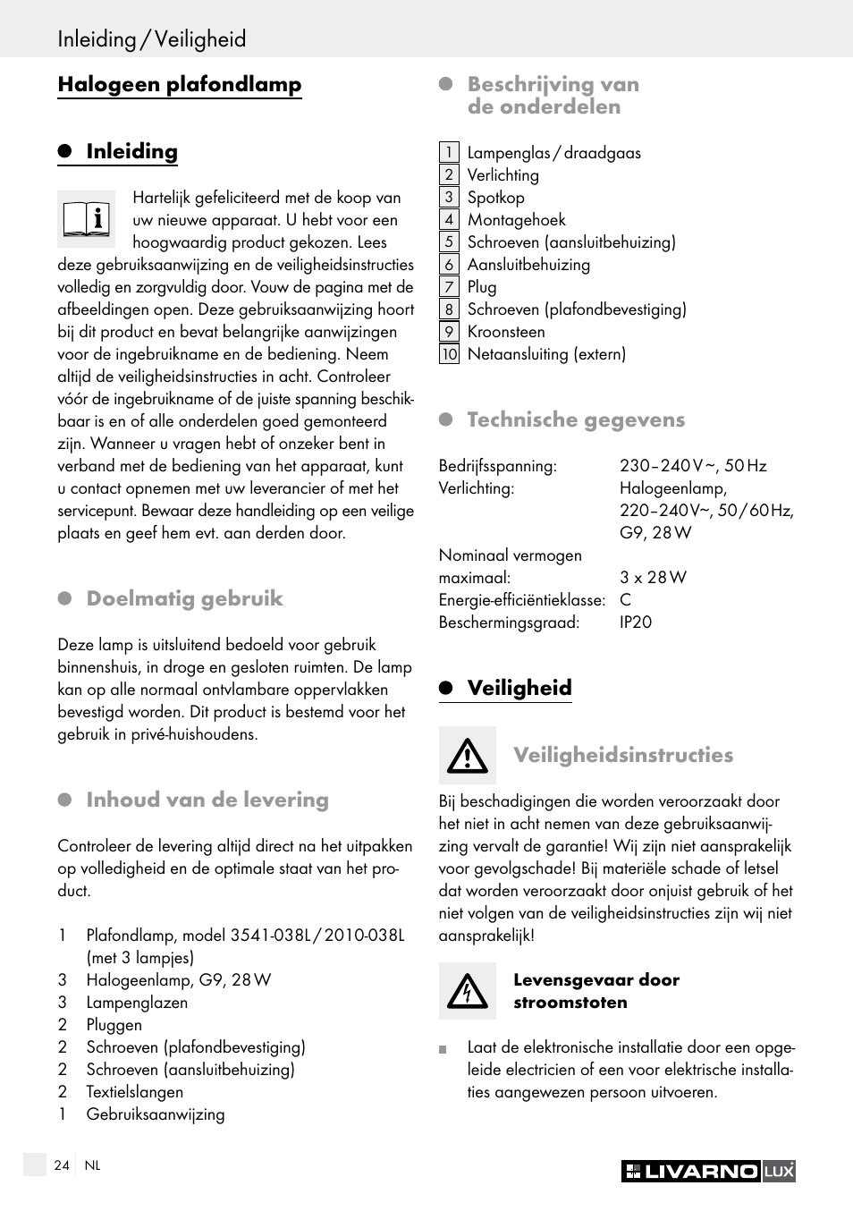 Veiligheid / voorbereiding inleiding / veiligheid, Halogeen plafondlamp inleiding, Doelmatig gebruik | Inhoud van de levering, Beschrijving van de onderdelen, Technische gegevens, Veiligheid veiligheidsinstructies | Livarno HALOGEN CEILING LIGHT User Manual | Page 24 / 38