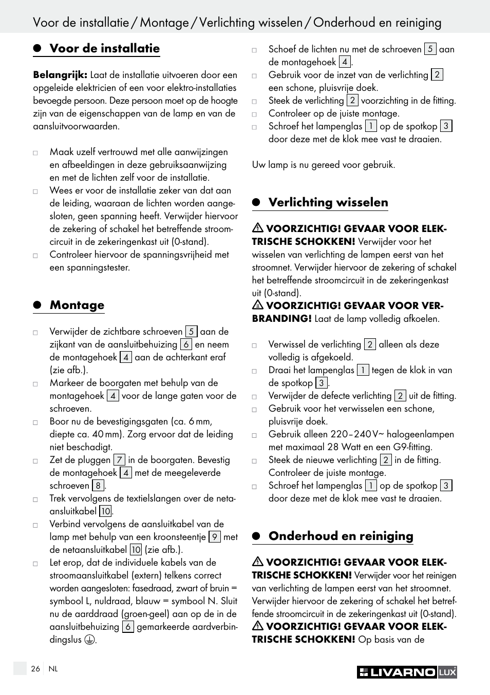 Voor de installatie, Montage, Verlichting wisselen | Onderhoud en reiniging | Livarno HALOGEN CEILING LIGHT User Manual | Page 26 / 38