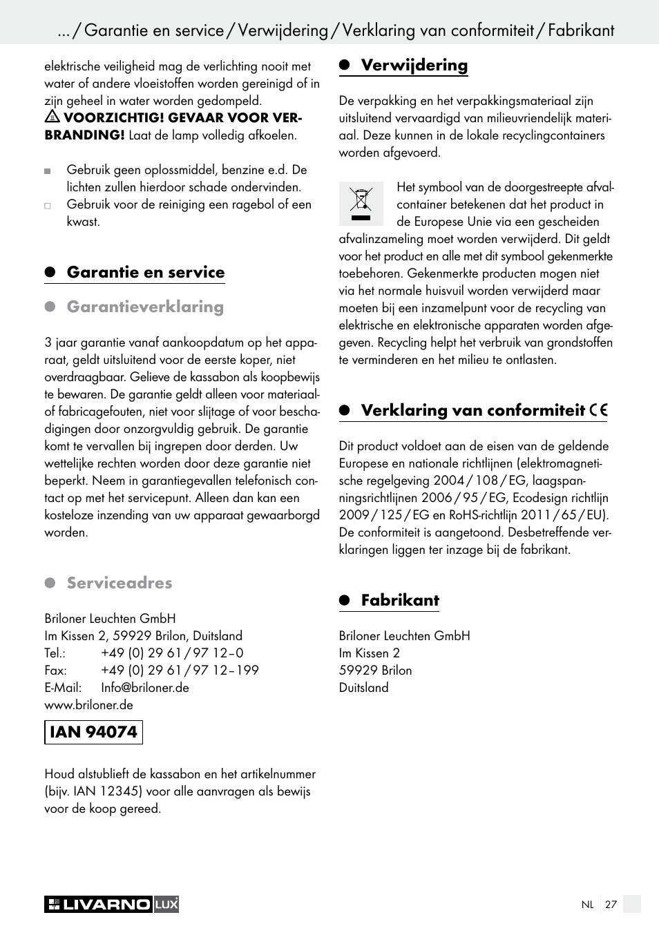 Garantie en service garantieverklaring, Serviceadres, Verwijdering | Verklaring van conformiteit, Fabrikant | Livarno HALOGEN CEILING LIGHT User Manual | Page 27 / 38