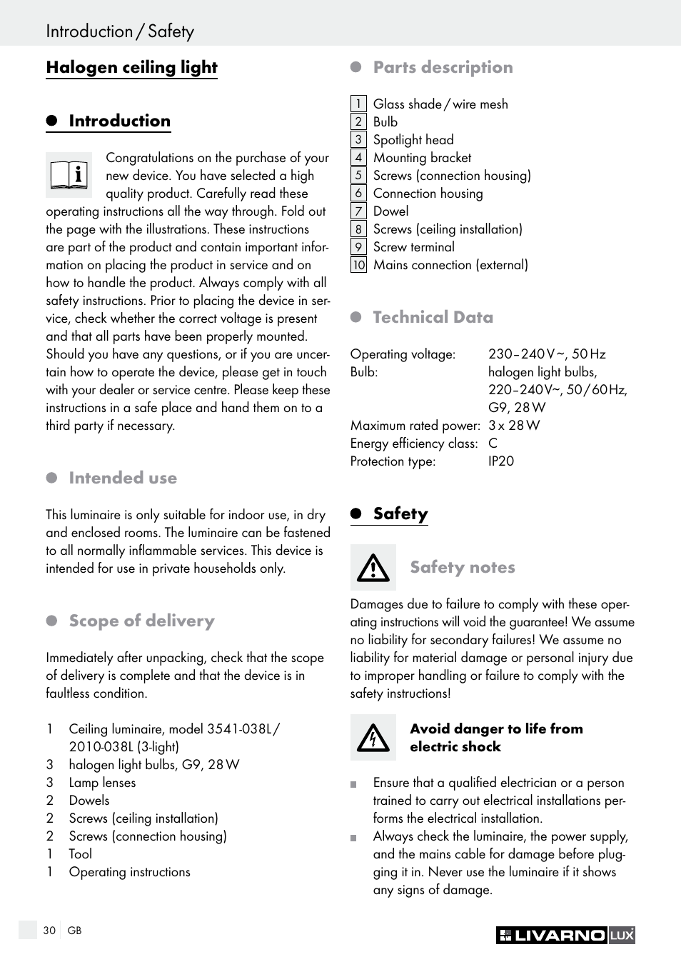 Introduction / safety, Halogen ceiling light introduction, Intended use | Scope of delivery, Parts description, Technical data | Livarno HALOGEN CEILING LIGHT User Manual | Page 30 / 38