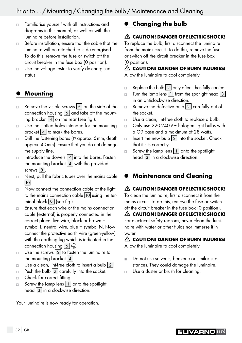 Mounting, Changing the bulb, Maintenance and cleaning | Livarno HALOGEN CEILING LIGHT User Manual | Page 32 / 38