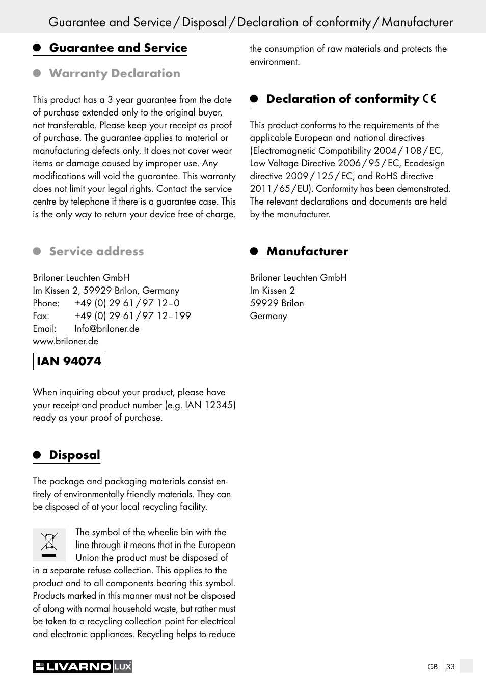 Livarno HALOGEN CEILING LIGHT User Manual | Page 33 / 38