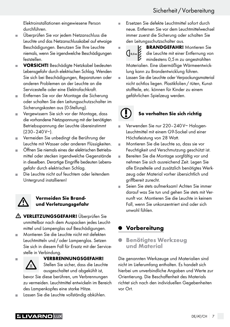 Sicherheit / vorbereitung, Vorbereitung, Benötigtes werkzeug und material | Livarno HALOGEN CEILING LIGHT User Manual | Page 7 / 38