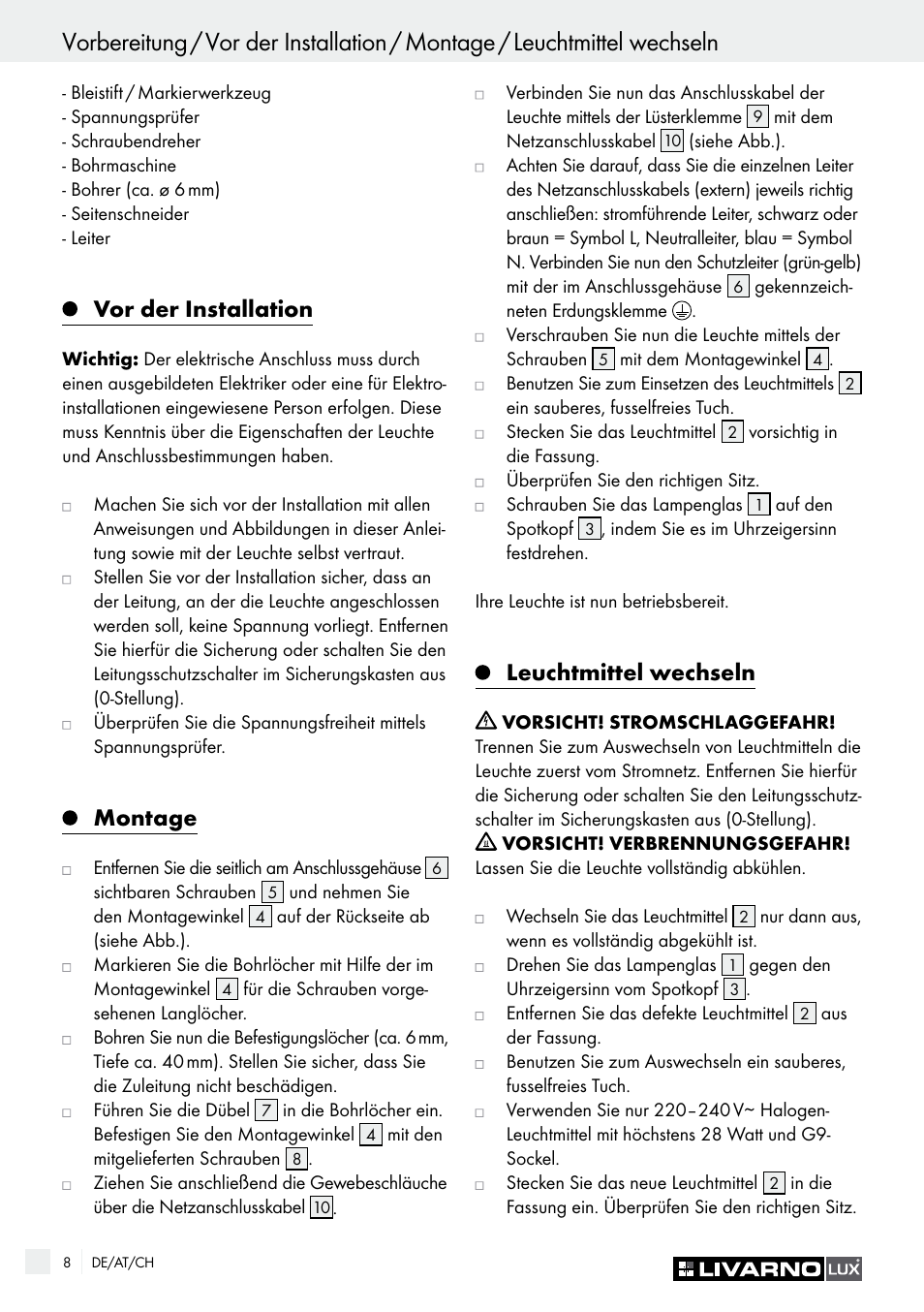 Vor der installation, Montage, Leuchtmittel wechseln | Livarno HALOGEN CEILING LIGHT User Manual | Page 8 / 38